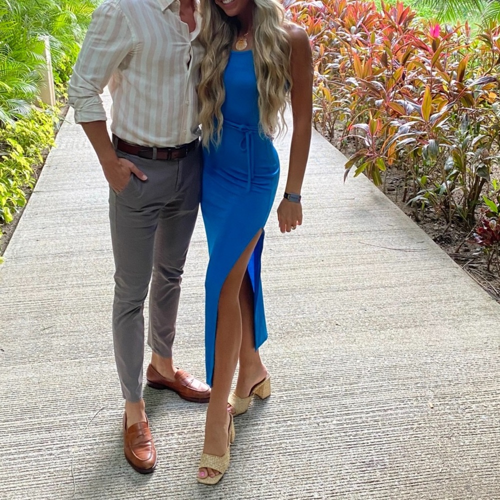 Blue tight backless maxi dress